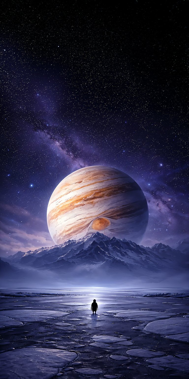 A lone penguin gazes at the massive gas giant in this stunning Jupiter 4K wallpaper set against a starry mountain range. This iPhone wallpaper captures the vastness of the universe with high-resolution details of the planet’s surface and a snowy horizon.