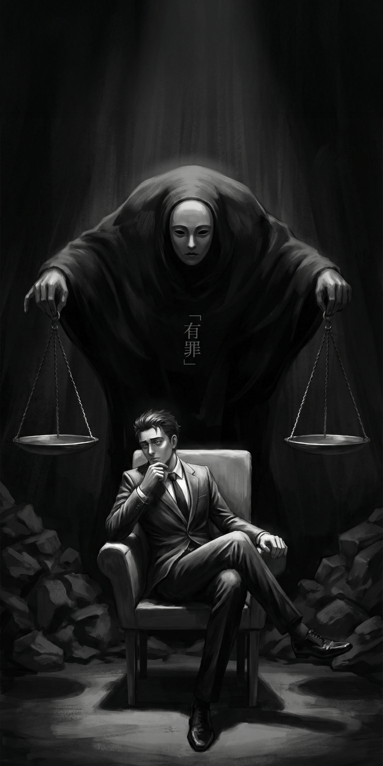 Light Yagami 4K wallpaper featuring a dark courtroom scene with symbolic scales and dramatic shadows. This intense anime wallpaper looks powerful on iPhone with deep blacks and cinematic lighting, perfect for aesthetic wallpapers collectors.