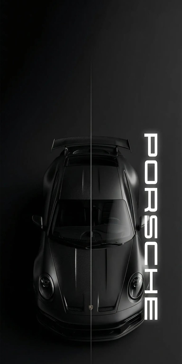 This high-contrast Porsche 911 GT3 RS 4K wallpaper features a top-down view of the iconic sports car against a deep black background. Optimized for iPhone, this OLED / AMOLED wallpaper highlights the carbon fiber detailing and aggressive aero wing with subtle, moody lighting.