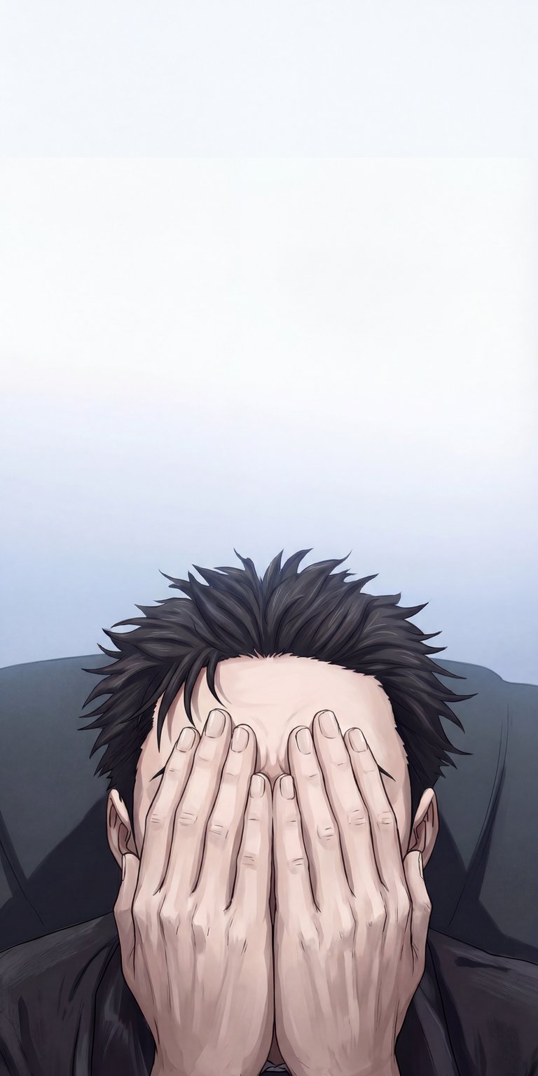 Hiromi Higuruma 4K wallpaper featuring hands covering the face against a soft gradient background with subtle anime shading. This emotional anime wallpaper looks clean and striking on iPhone, making it a perfect choice for aesthetic wallpapers lovers.