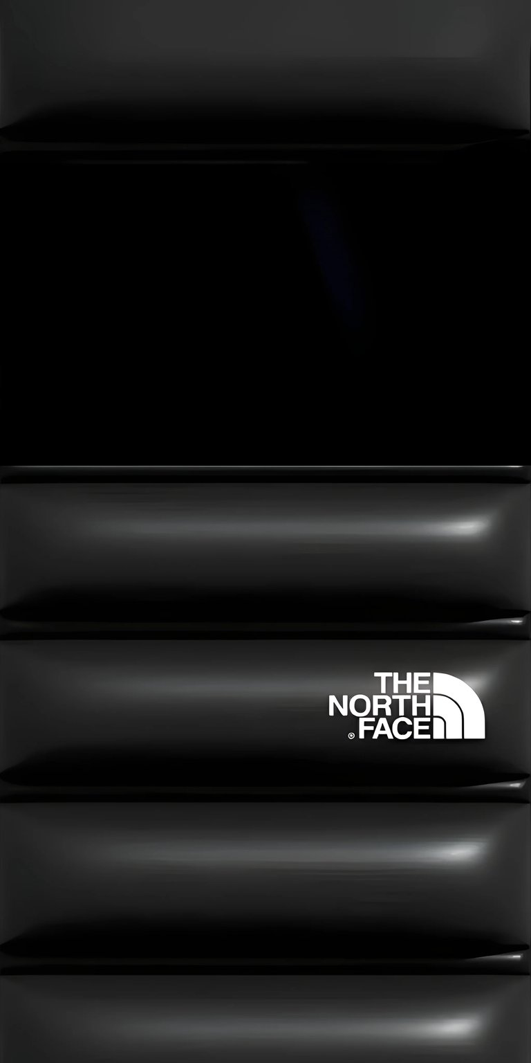 Elevate your iPhone screen with this sleek 4K wallpaper showcasing The North Face logo on glossy black padding. The minimalist design features horizontal lines and a subtle sheen, perfect for a modern wallpaper.
