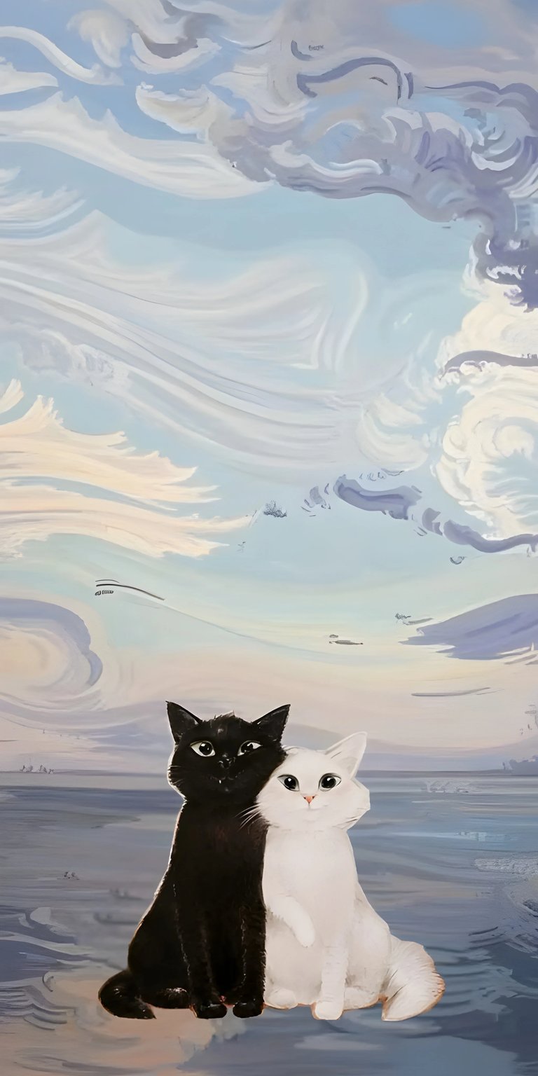 This stunning cats wallpaper in 4K is perfect for your iPhone, showcasing two cats in front of swirling clouds. The illustration shows a black cat with a white cat, both in front of what looks like a painted backdrop of the sky.