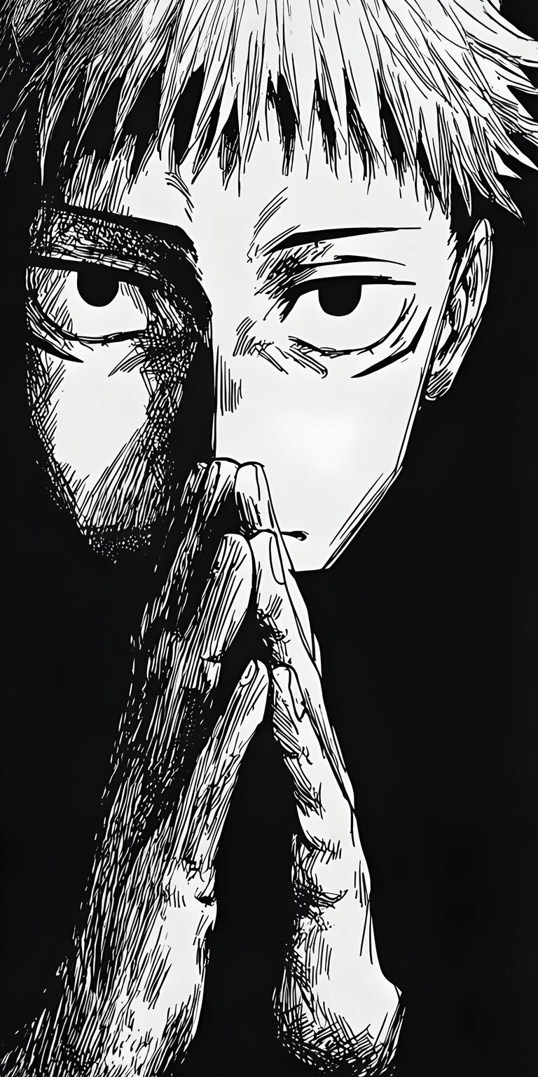 This striking black and white anime wallpaper features a detailed manga-style sketch of Megumi Fushiguro in a focused pose. The high-contrast ink textures and moody lighting make this a standout choice for your iPhone.