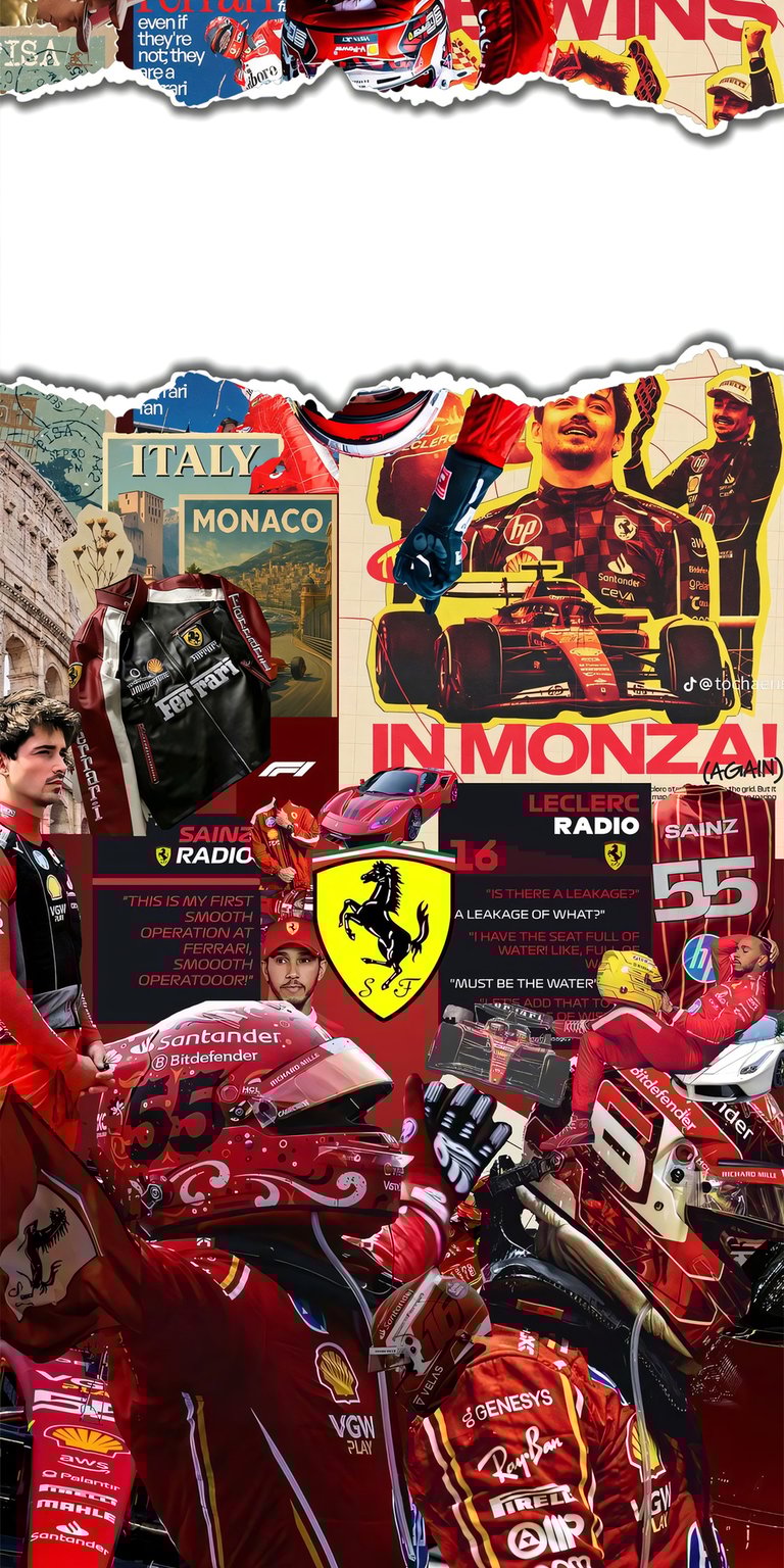 This 4K wallpaper captures the adrenaline of Ferrari F1 racing for your iPhone. The design features Leclerc and Sainz, along with a collage of racing suits, cars, and iconic locations like Monza.