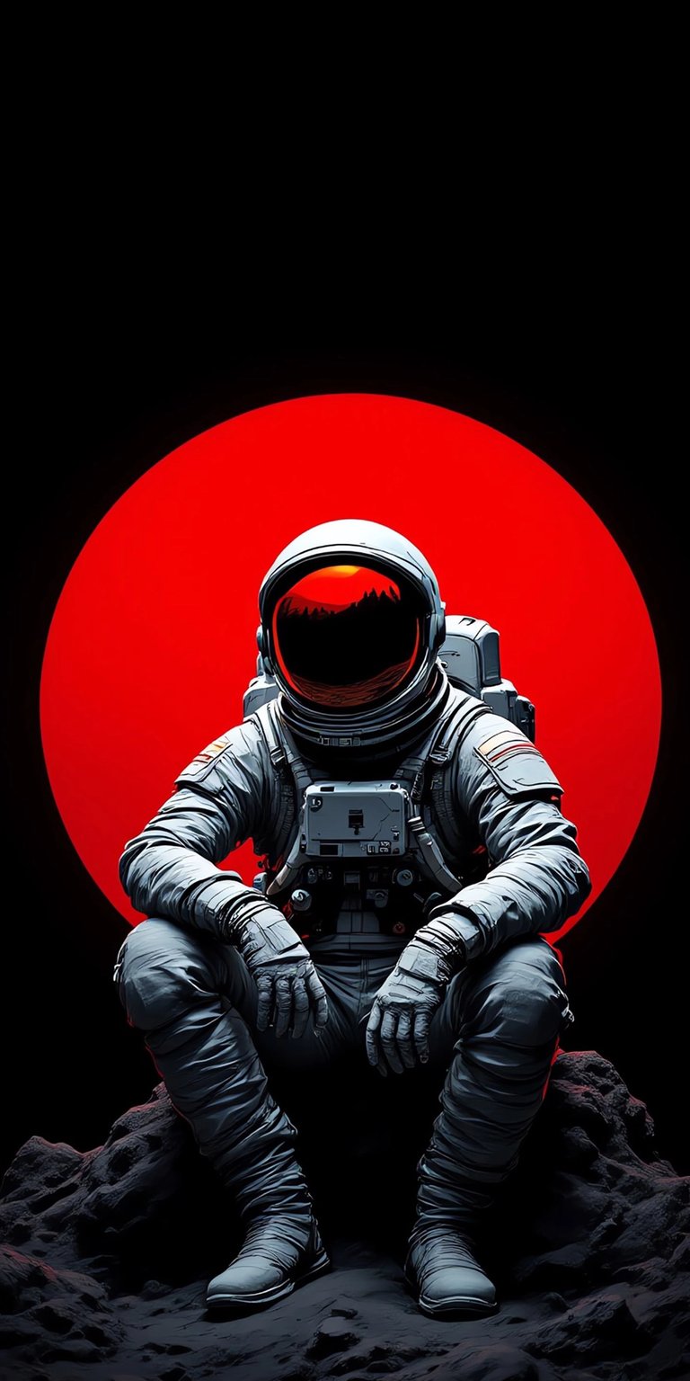 Download this stunning astronaut wallpaper in 4K for your iPhone, showcasing a lone space explorer sitting on a dark, rocky surface with a bold red sun backdrop. This high-resolution wallpaper features intricate suit details and a reflective visor, perfect for your mobile device.