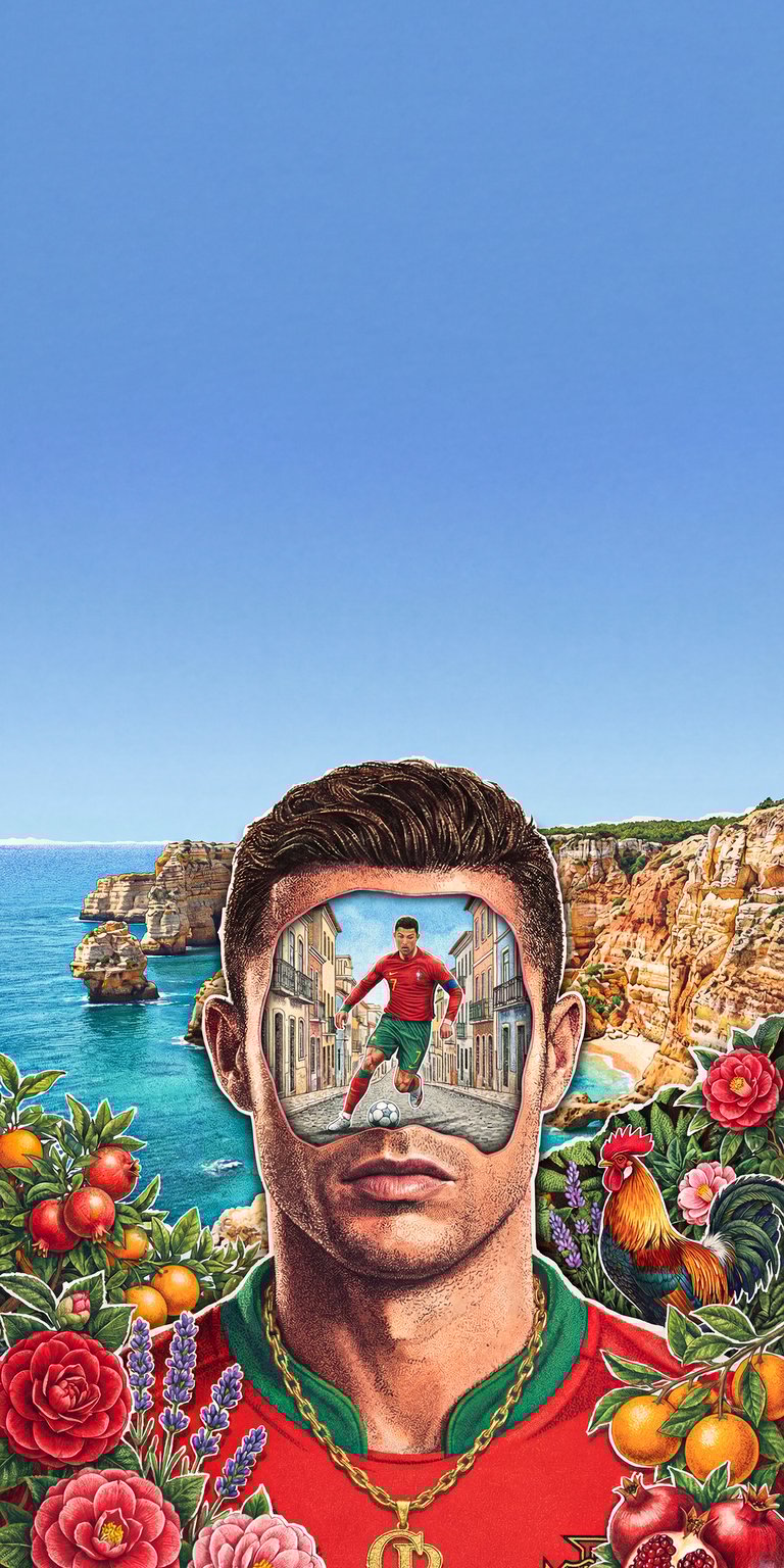 This Cristiano Ronaldo Portugal illustration 4K wallpaper features a vibrant, surrealist portrait of the football icon surrounded by Mediterranean flora and coastal landscapes. Designed as an aesthetic wallpaper for iPhone, it utilizes high-contrast colors and intricate gold detailing to create a unique mobile background.