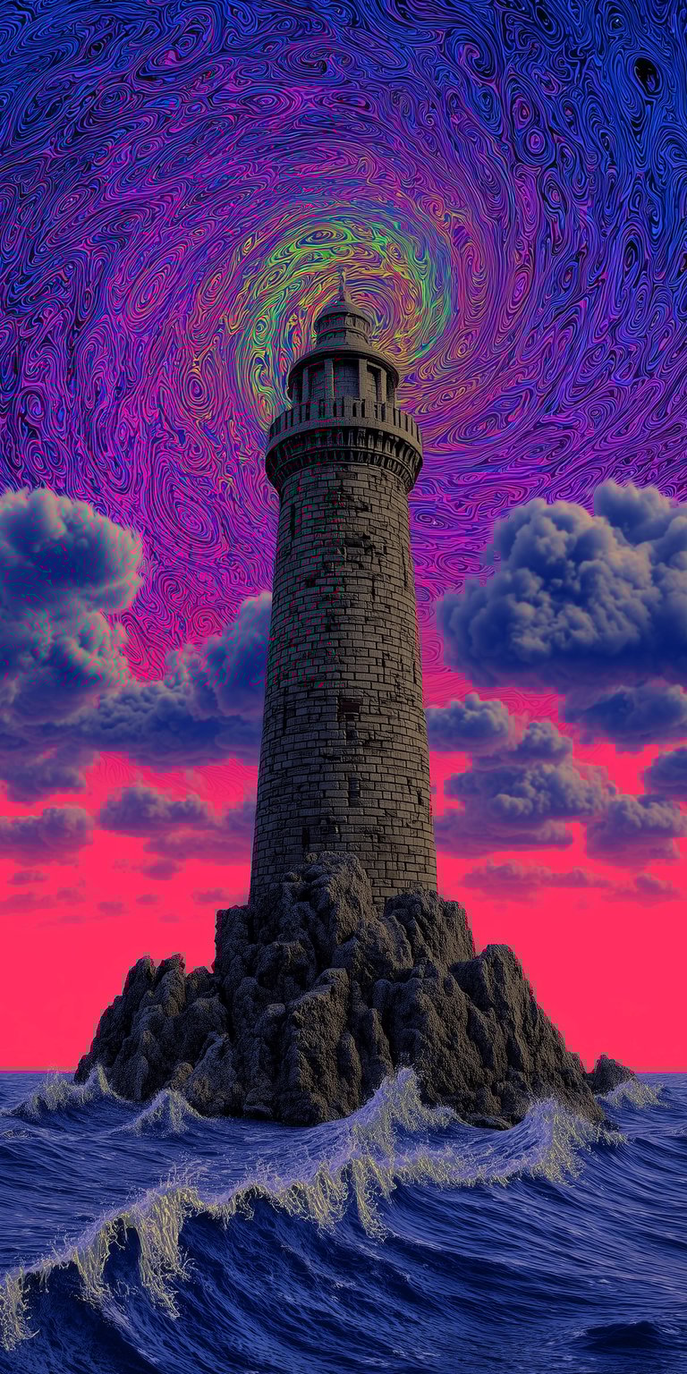 Download this amazing lighthouse wallpaper in 4K for your iPhone! This wallpaper features a stone lighthouse standing on a rocky outcrop amidst crashing waves, all under a swirling purple and blue sky with neon accents.