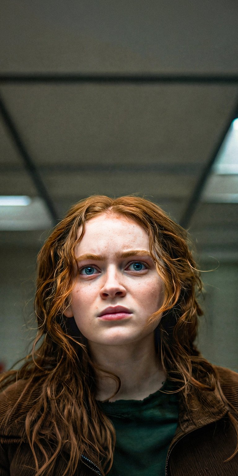 Download this captivating Sadie Sink wallpaper in stunning 4K for your iPhone. Notice her striking blue eyes, auburn curly hair, and brown corduroy jacket featured in this wallpaper.