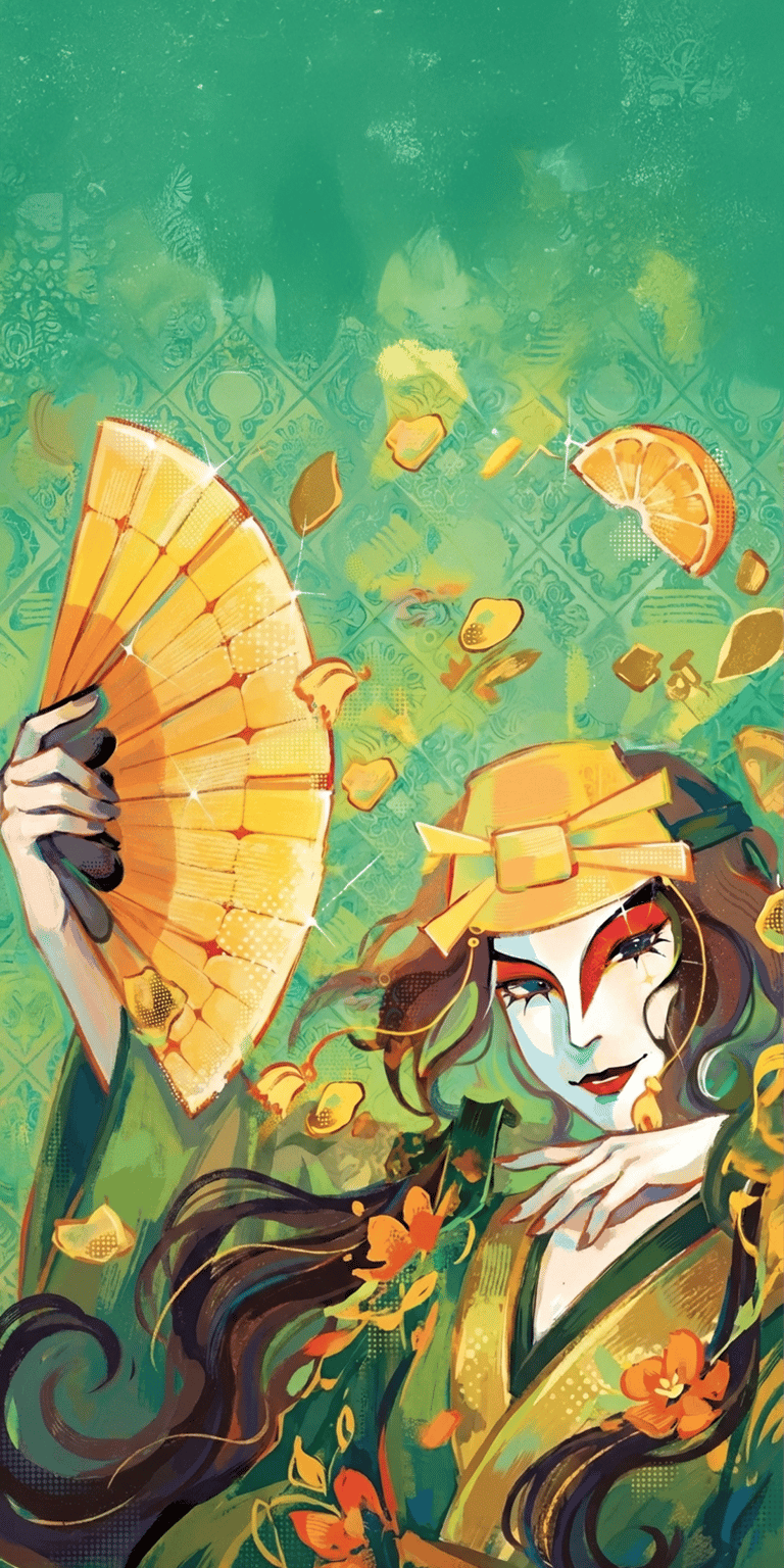 This vibrant 4K wallpaper features a stylized geisha holding a golden folding fan against a textured teal backdrop. Perfect for an artistic iPhone home screen, this aesthetic wallpapers selection uses warm orange and yellow accents to create a high-energy, illustrative mood.