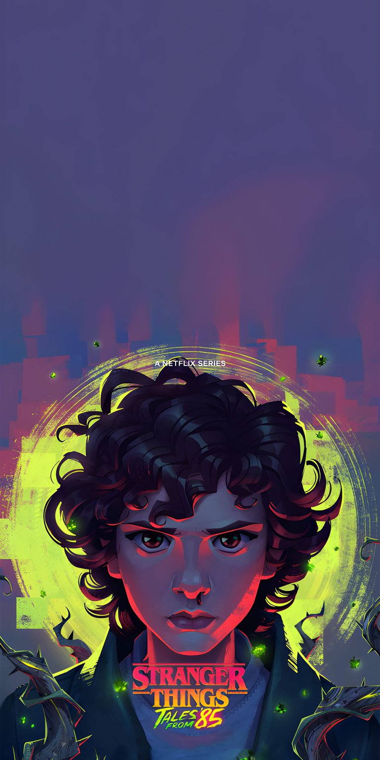 Eleven Stranger Things 4K wallpaper featuring neon halo lighting, intense facial expression, and dark cinematic tones. This wallpaper is designed for iPhone and captures digital art styling with bold colors in an aesthetic wallpapers theme.