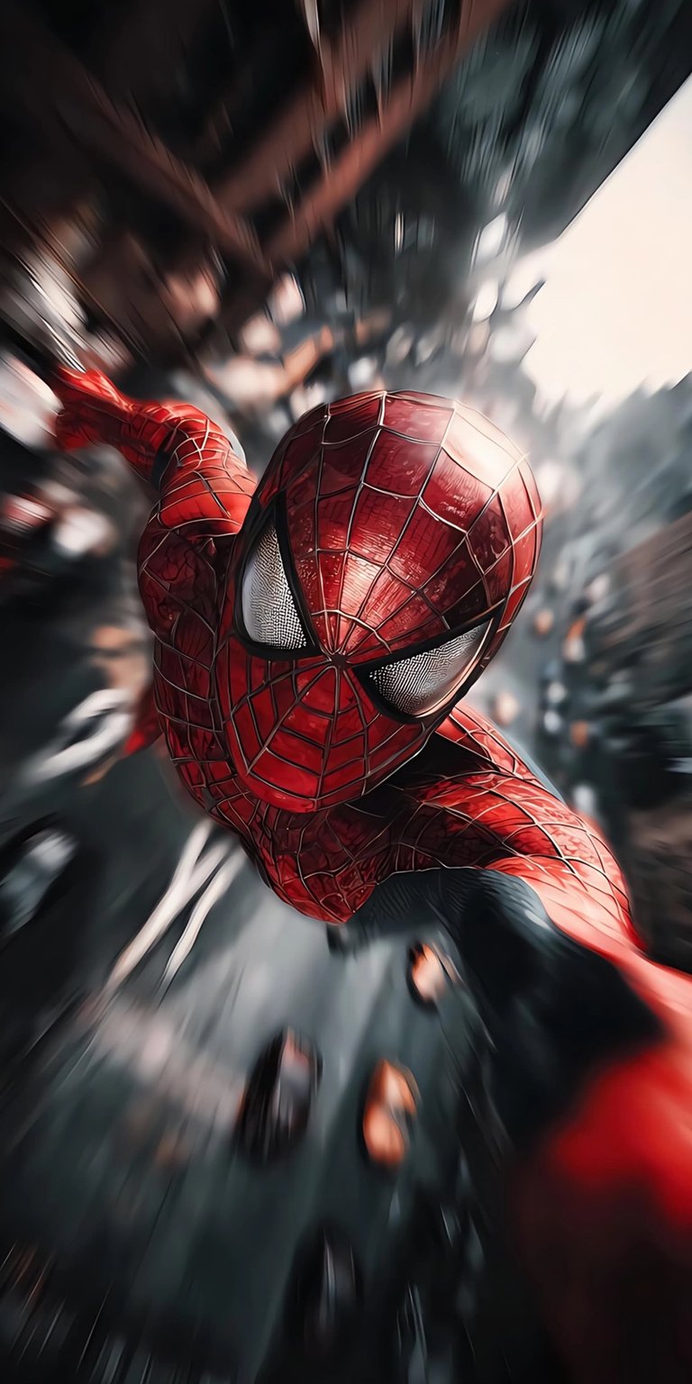 Download this dynamic Spiderman 4K wallpaper for your iPhone, featuring the hero in mid-swing with a blurred cityscape backdrop. The wallpaper showcases intricate web patterns on his suit and reflective eye lenses.