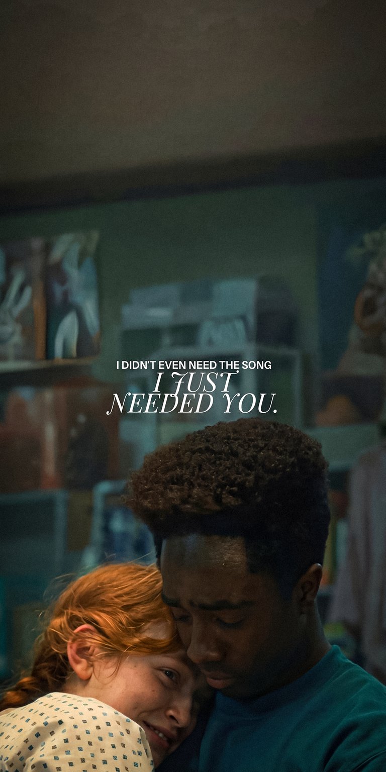 Download this tender Lucas and Max 4K wallpaper for your iPhone, showing Max with her red hair and Lucas wearing a teal shirt. This wallpaper captures a heartfelt moment with the phrase "I didn't even need the song, I just needed you."