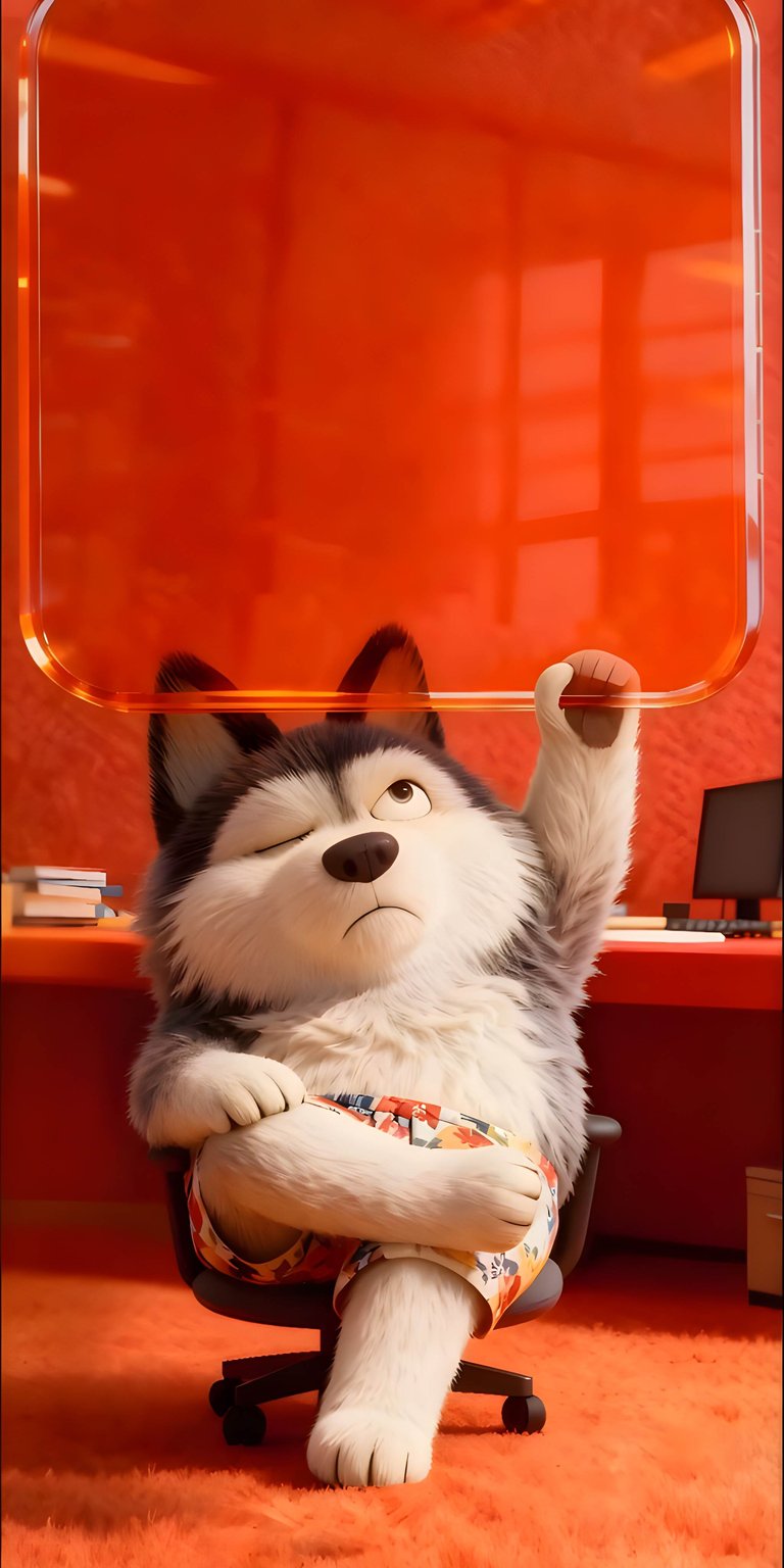 This vibrant 4K mobile wallpaper features the lovable Alfonso the husky from The Secret Life of Pets 2. Alfonso is captured in a relaxed, humorous pose, lounging in a desk chair while wearing stylish tropical floral shorts and sunglasses. The bold red background creates a striking contrast, making it a perfect high-energy, feel-good background for any cartoon lover.