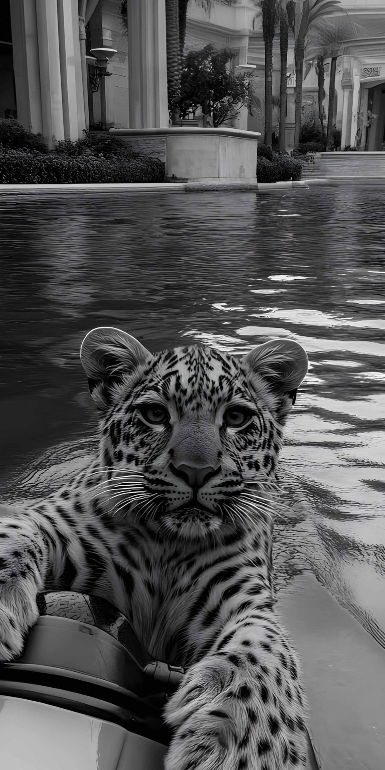 This high-contrast OLED wallpapers design features a majestic leopard riding a jet ski through calm water. Perfect for your iPhone, this wallpaper utilizes deep blacks and sharp textures to create a bold, modern look for any screen.