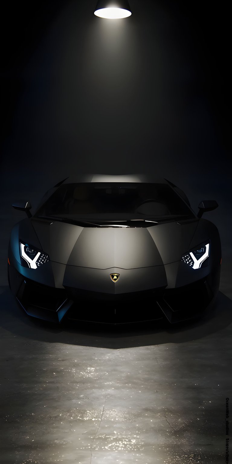 This sleek black Lamborghini wallpaper features dramatic overhead lighting in a dark studio. It is a perfect OLED wallpaper for a clean iPhone aesthetic.