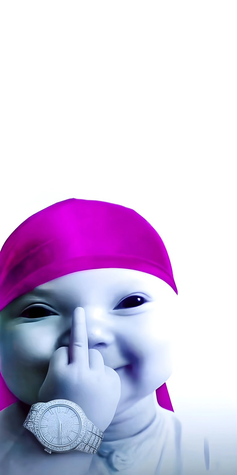 A humorous and widely popular meme image featuring a baby wearing a purple durag and an oversized, diamond-studded watch, giving the middle finger with an oversized hand. This high-contrast image is a staple in internet meme culture, often shared for its absurd and unexpected nature. Perfect for meme lovers, an edgy aesthetic, and users who want a funny, high-contrast background. Works beautifully on iPhone, Android, and AMOLED displays.