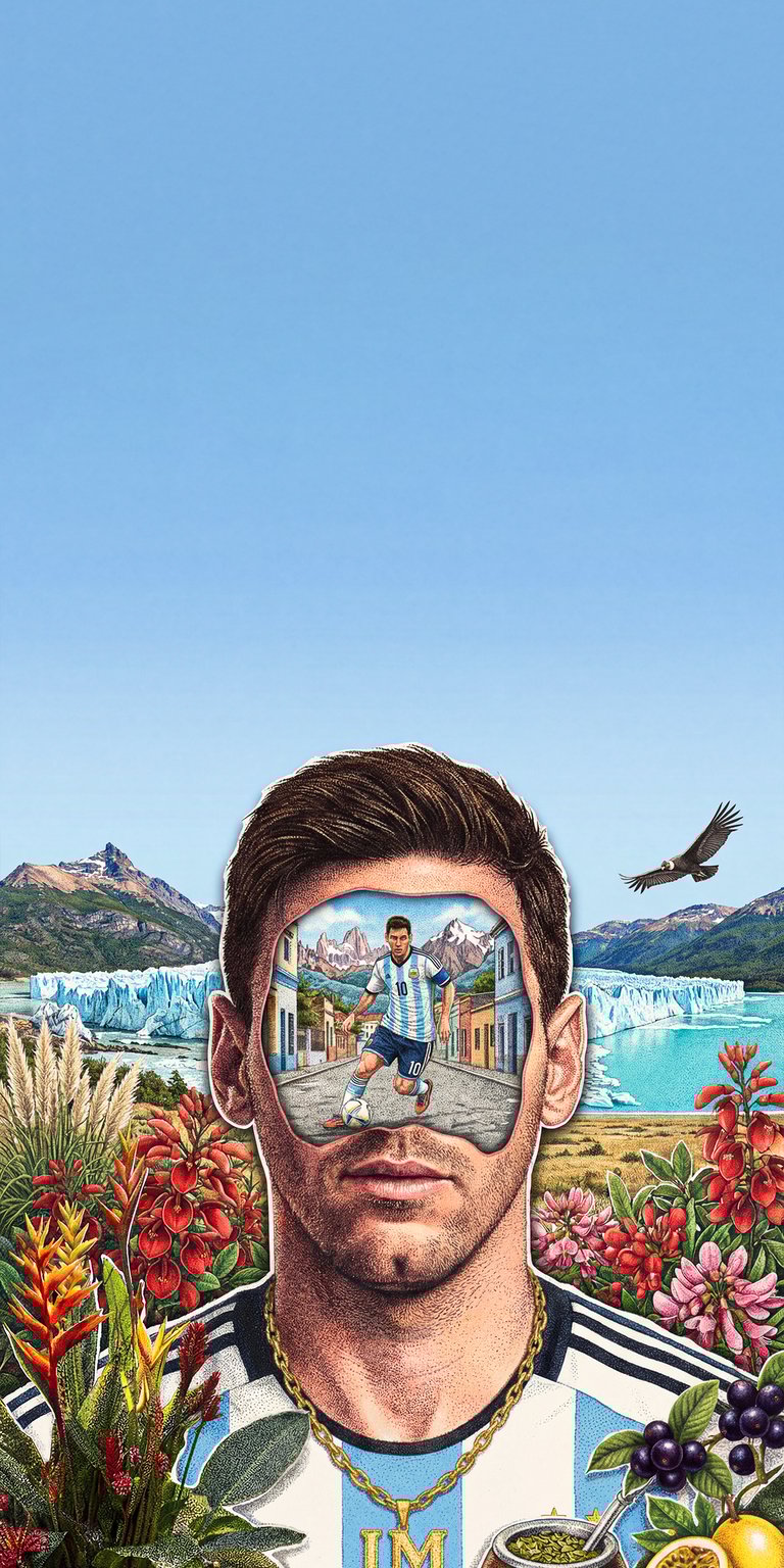 This aesthetic wallpaper for iPhone features a vibrant, multi-layered tribute to Lionel Messi through surrealist illustration. The wallpaper utilizes rich textures, high-contrast blues and greens, and intricate symbolic details to create a deep, commemorative mood.