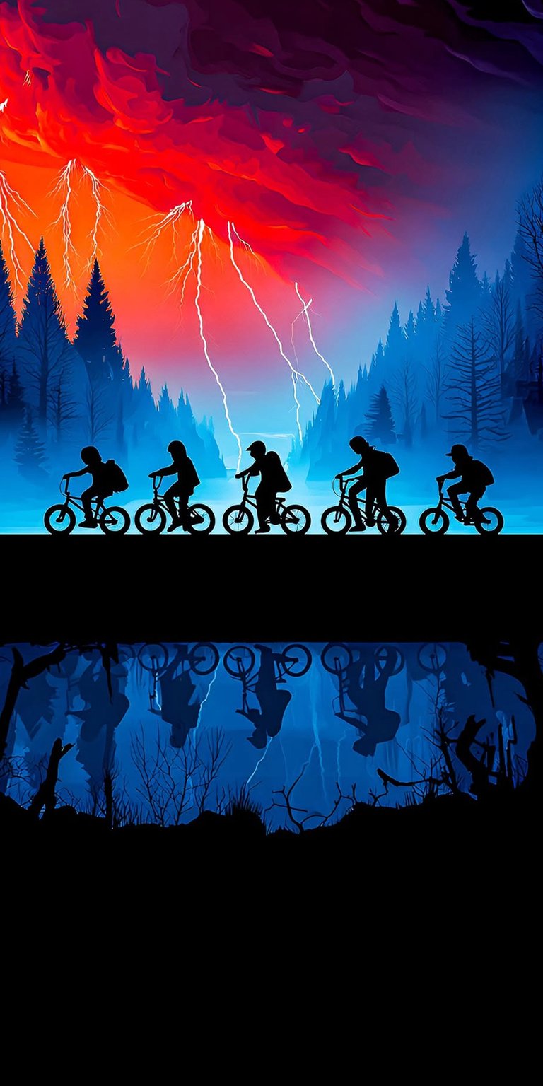 Download this stunning Stranger Things 4K wallpaper for your iPhone, showcasing the iconic silhouette of the kids on bikes against a backdrop of lightning and a vibrant red sky. This moody wallpaper captures the essence of the Upside Down with its dark reflection below.