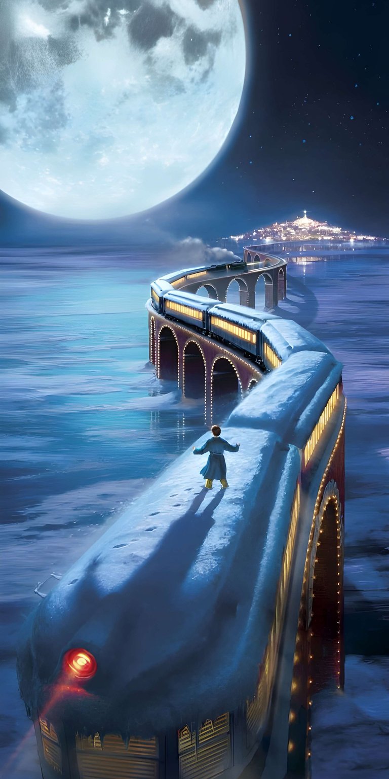 Get this stunning Polar Express 4K wallpaper for your iPhone, showcasing the train traversing a snowy landscape beneath a giant moon. This enchanting wallpaper features a person standing on top of the train, with a city visible in the distance.
