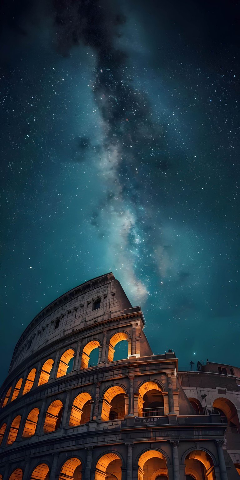 This 4K wallpaper features the Colosseum illuminated at night with a backdrop of the Milky Way, perfect for your iPhone. The wallpaper showcases the ancient Roman architecture against a starry sky, highlighting the golden light emanating from within the arches.