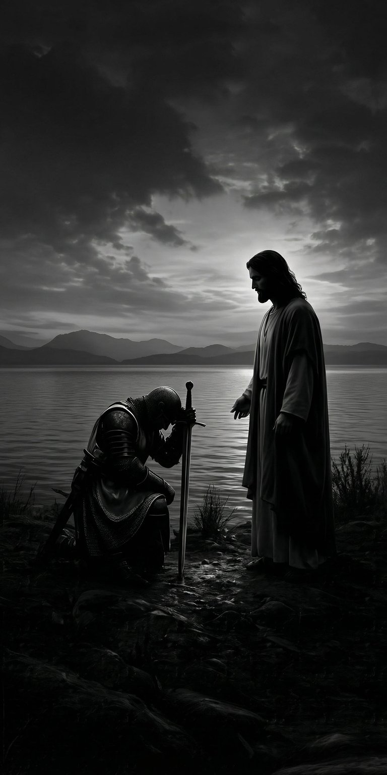 Download this powerful Jesus 4K wallpaper for your iPhone. This grayscale wallpaper features a knight kneeling with a sword, receiving a blessing from Jesus by the lake, under a sky full of clouds.