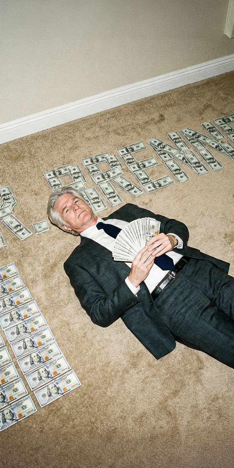 This chilling live wallpaper features Dr. Martin Brenner, the complex scientist known as "Papa" who raised Eleven. He is lying on the carpet, surrounded by dollar bills that spell out his last name, "BRENNER". He is dressed professionally in a suit and tie, reflecting his authoritative and clinical role, and holds a fan of money. This wallpaper captures the cold, scientific villainy central to the Stranger Things mythology.
