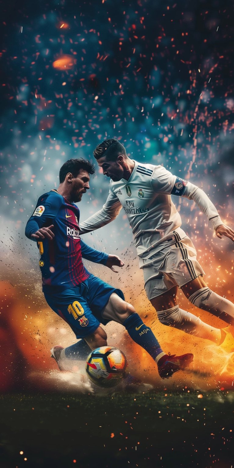 Download this intense 4K Messi vs Ronaldo wallpaper for your iPhone, showcasing them in action with swirling embers. The wallpaper captures the fierce competition between the two soccer legends, highlighting their intense focus and the colorful soccer ball.
