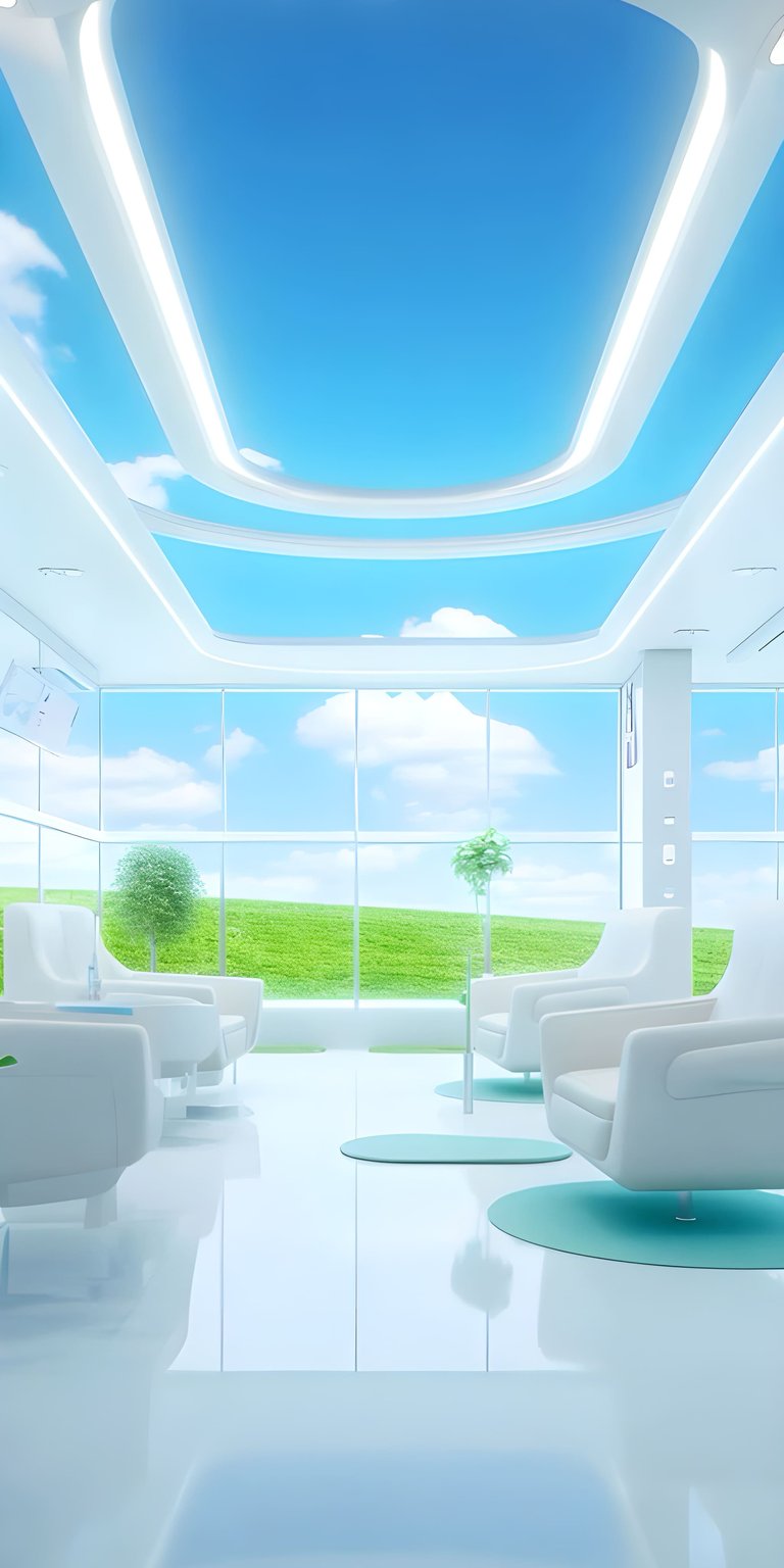 Transform your iPhone with this serene sky lounge 4K wallpaper featuring modern white chairs, glossy floors, and a panoramic view of a green field. This captivating wallpaper brings the outdoors in.