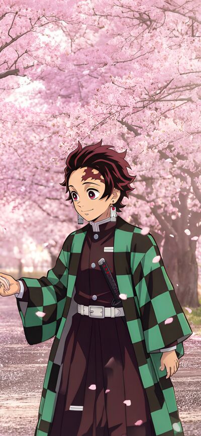 This matching wallpaper features Kanao and Tanjiro in 4K resolution, perfect for iPhone. You can see the pink cherry blossom trees and a path of fallen petals to create a lovely wallpaper.