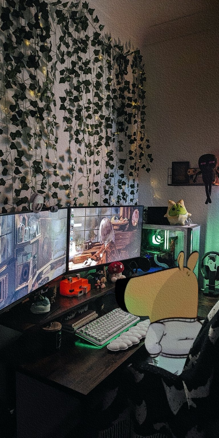 Chill Guy playing computer games in his bedroom wallpaper