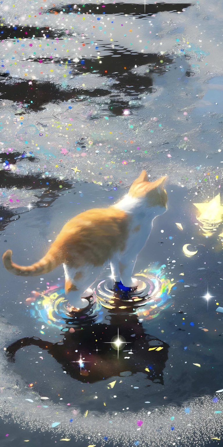 This ethereal wallpaper features a cat walking on sparkling water with magical confetti lighting and shimmering ripple textures. Set this 4K wallpaper on your mobile device for a dreamlike and artistic iPhone lock screen.