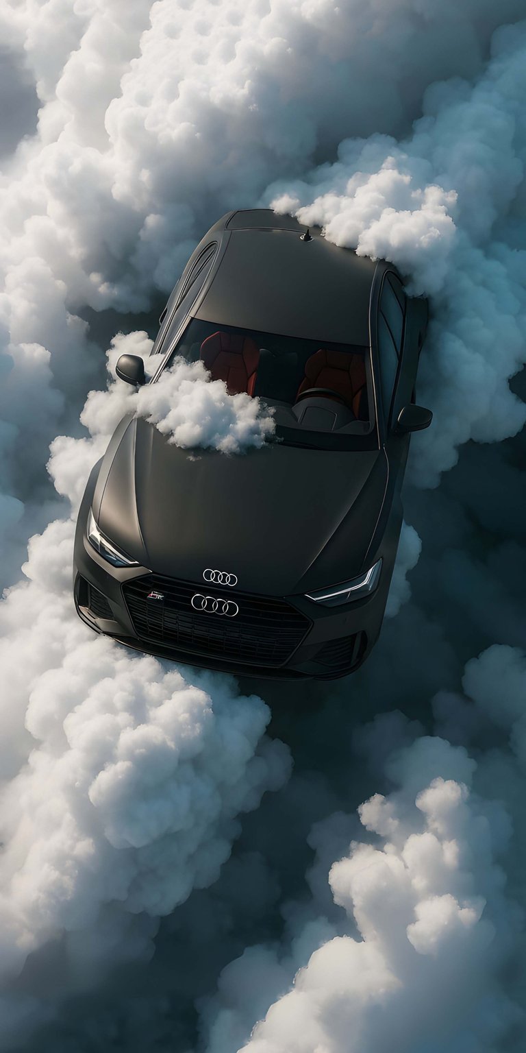 This high-performance Matte Black Audi RS7 4K wallpaper features a cinematic top-down view of the vehicle emerging from dense, voluminous white clouds. Designed specifically as an aesthetic wallpaper for iPhone, the image highlights the aggressive front grille and red interior accents against a high-contrast, moody atmosphere.
