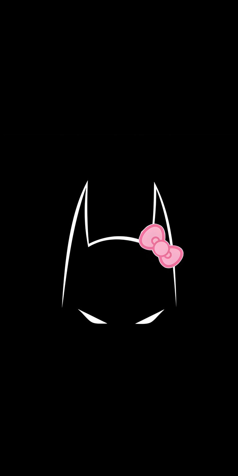 Batman OLED / AMOLED wallpapers with a minimalist silhouette wallpaper designed for iPhone lock and home screens. This wallpaper features deep black space, sharp white outlines, and a playful pink bow accent for high-contrast depth.