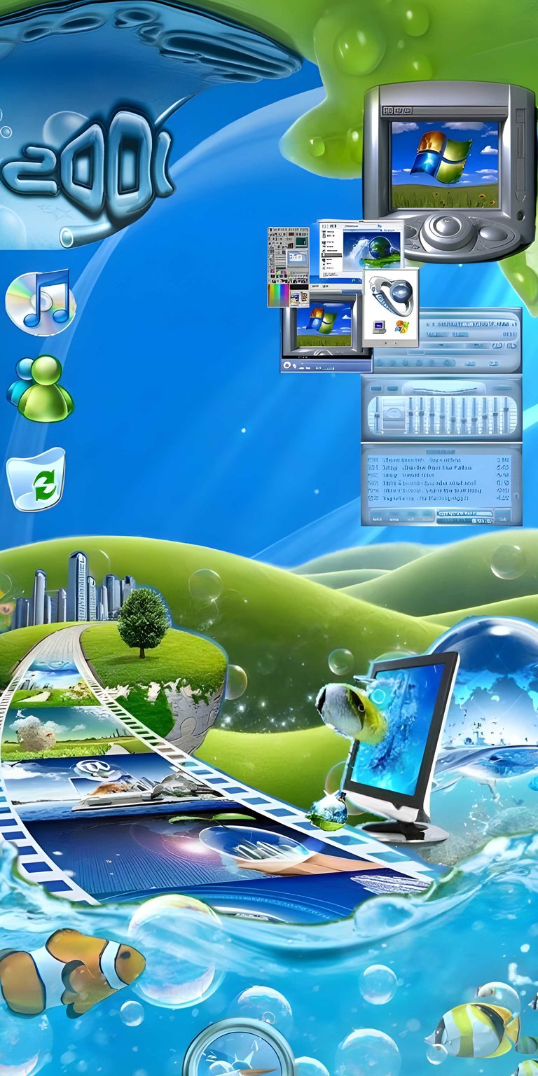 Transform your iPhone with this nostalgic Windows XP 4K wallpaper featuring a floating island with a futuristic cityscape. The stunning visuals include a clownfish, retro PC interfaces, and a clock.