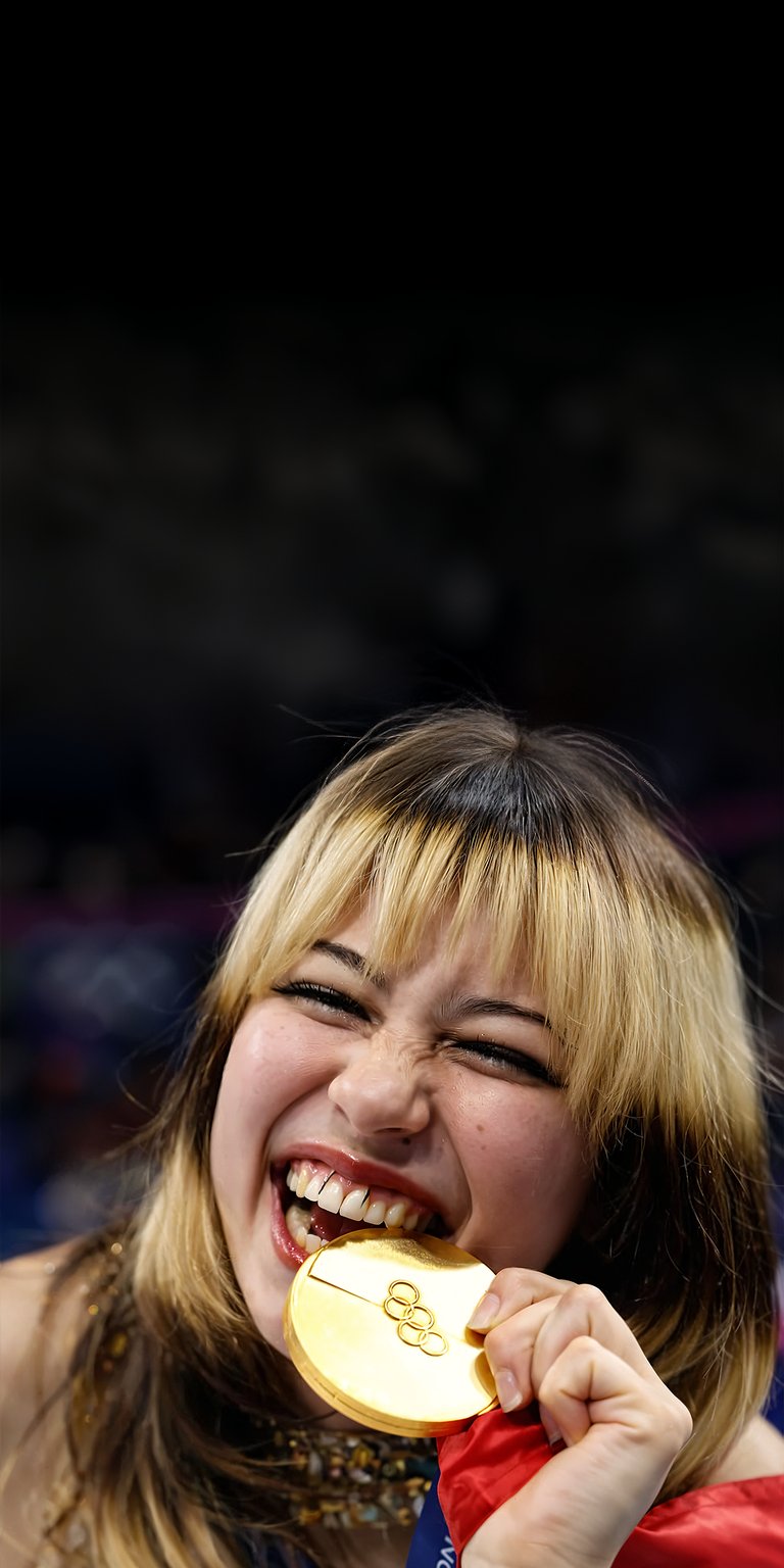 This 3D wallpaper captures figure skater Alysa Liu in a joyous close-up as she bites her gold medal. It features vibrant lighting and a celebratory aesthetic perfect for your iPhone lock screen.