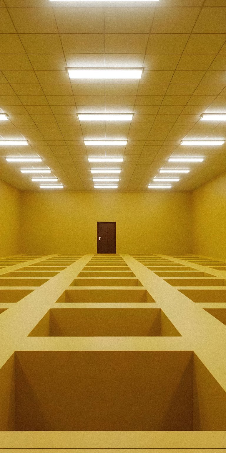 Download this unsettling Backrooms wallpaper in 4K for your iPhone, showcasing an infinite mustard-yellow room. This wallpaper features a grid of open squares on the floor and the distant, foreboding brown door.