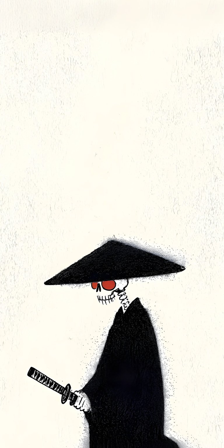 Download this striking Skeleton Samurai 4K wallpaper for your iPhone, showcasing a skeletal warrior in a traditional hat and black kimono. The high-resolution wallpaper features eye-catching red lenses and a katana.