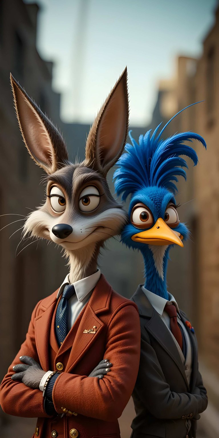 This high-quality 4K wallpaper features a stylized, cinematic depiction of a coyote and road runner wearing sophisticated suits. Designed for iPhone, the aesthetic wallpapers style uses warm orange tones and sharp depth of field to create a professional yet playful look.