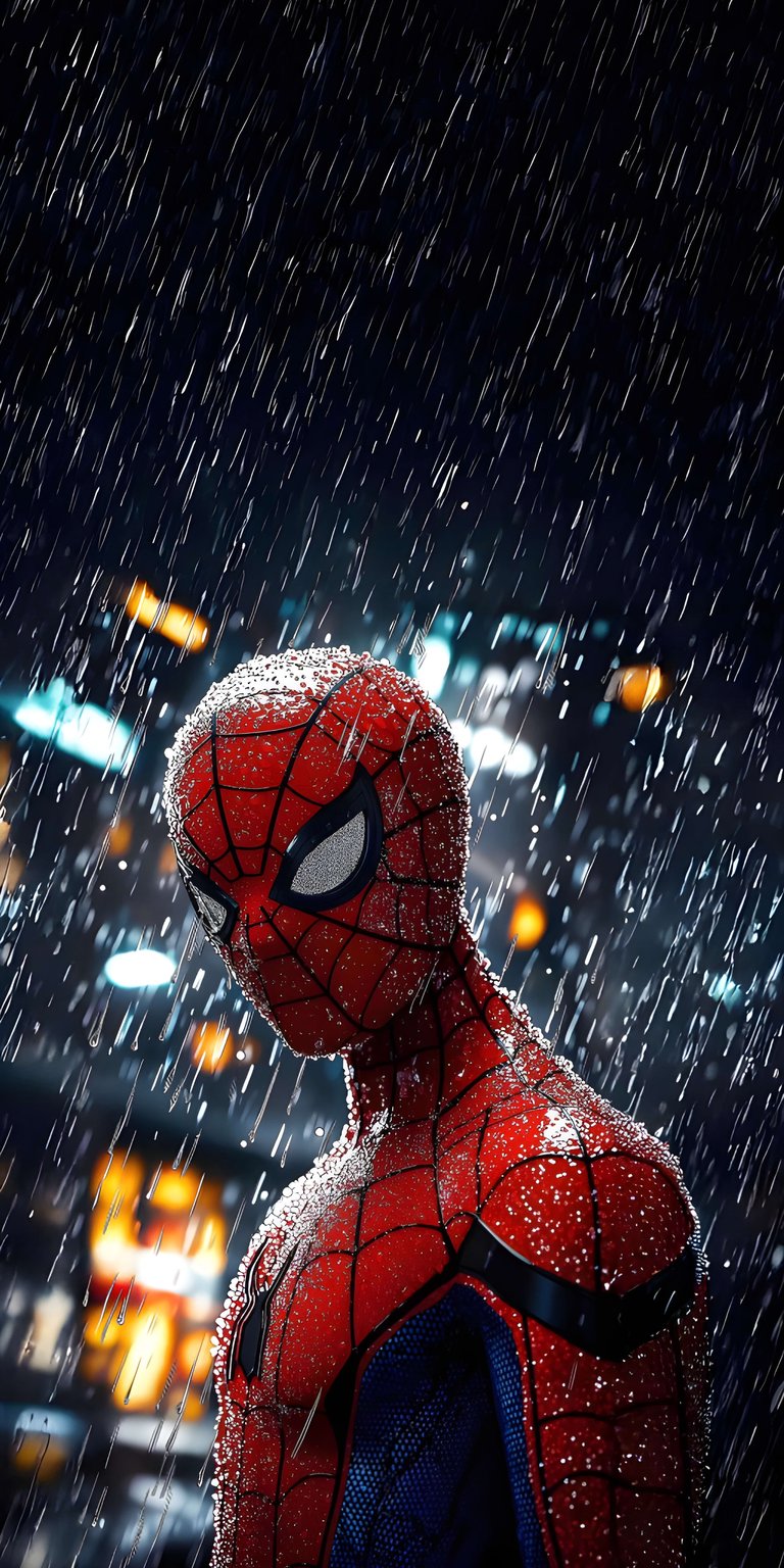 Download this intense Spiderman wallpaper for your iPhone in stunning 4K resolution. See the rain glistening on his red suit and the blurred city lights in the background with this amazing wallpaper.