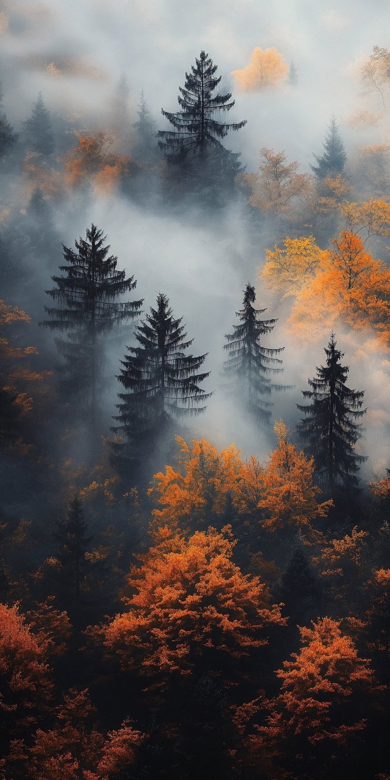 Download this stunning forest 4K wallpaper for your iPhone. This serene wallpaper features fog-shrouded pine trees and vibrant orange foliage, creating a captivating natural scene.