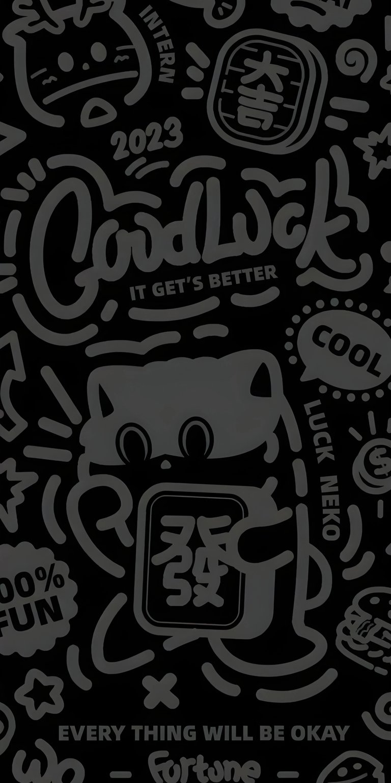 A stylish, monochromatic live wallpaper inspired by Japanese street culture and "Good Luck" iconography. Featuring a Maneki-neko (Lucky Cat) holding a "Fortune" coin, this design is layered with bold typography, "2023" commemorative stamps, and "Luck Neko" branding. It’s a perfect blend of modern graphic design and traditional symbols of prosperity.
