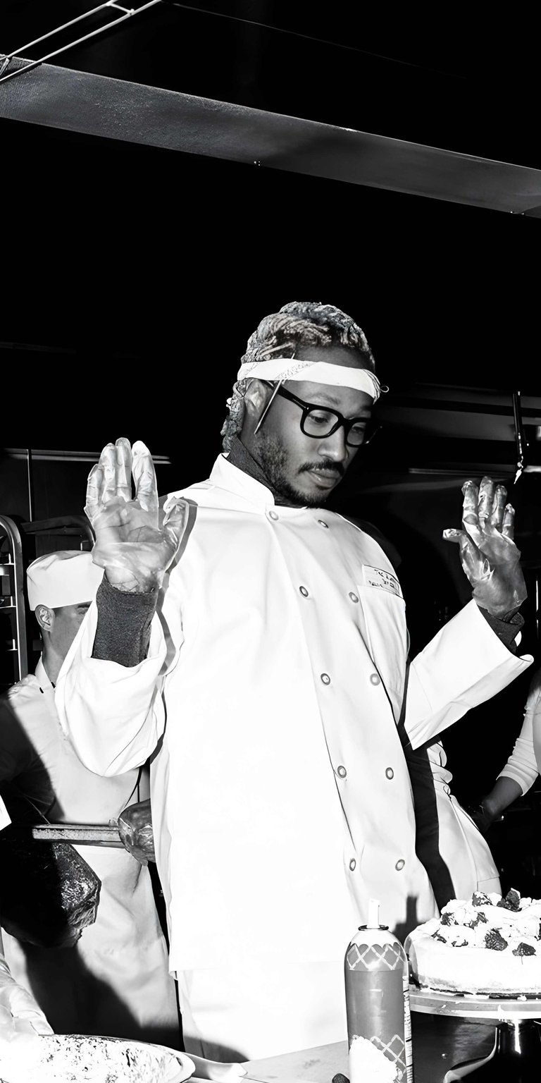 Featuring a sharp monochrome edit, this 4K wallpaper showcases the rapper Future in a stylish chef coat aesthetic. This black and white 4K wallpaper is the perfect high-contrast background for your iPhone or mobile device.