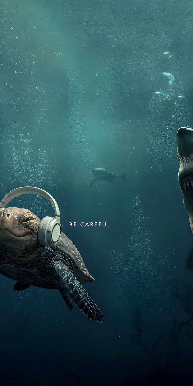 Download this 4K wallpaper for your iPhone, featuring a turtle listening to headphones as a shark approaches. The "Be Careful" text and air bubbles add a visual layer to this wallpaper.