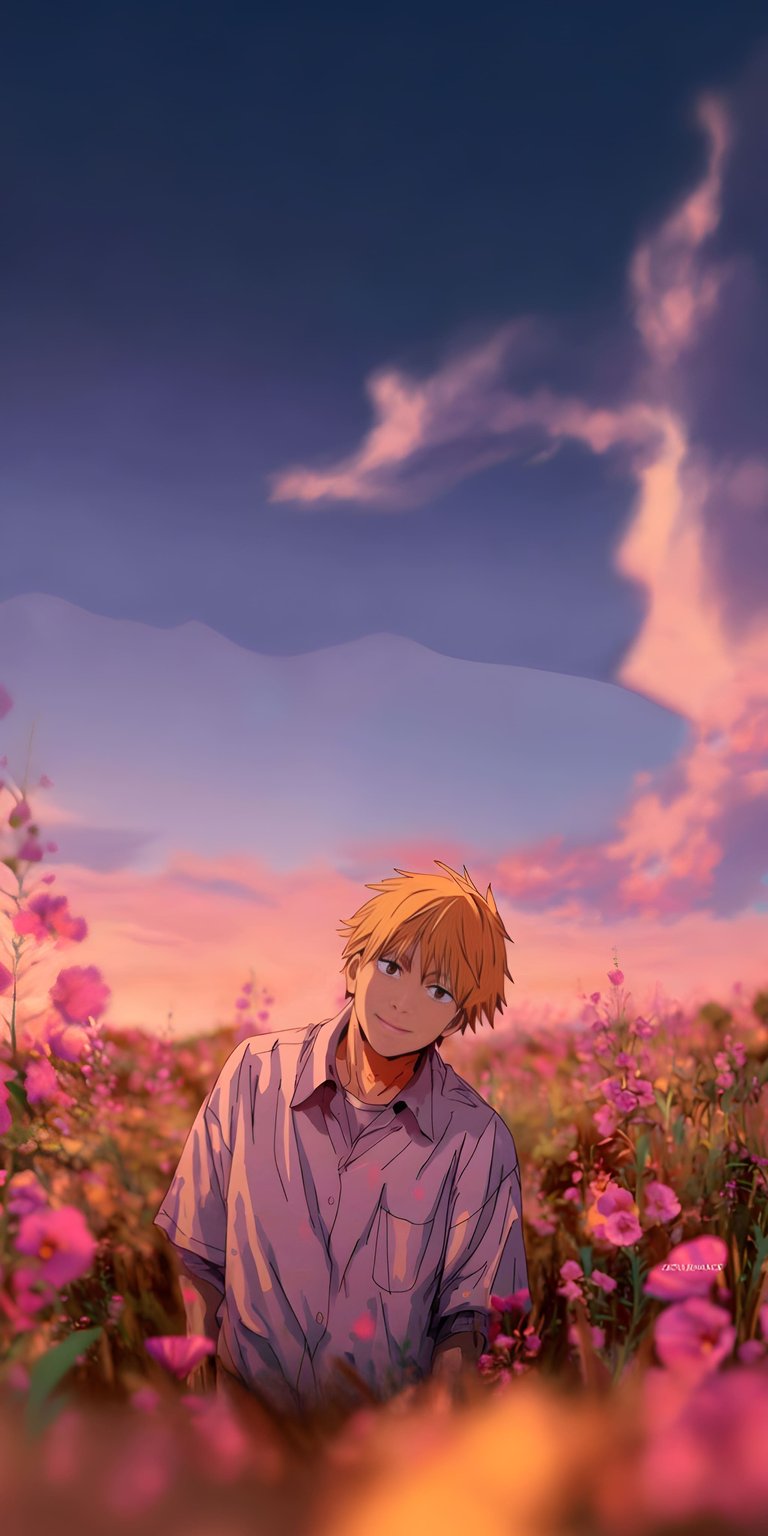 Download this Denji 4K wallpaper for your iPhone, showcasing him amidst a field of pink flowers beneath a pastel sunset. This wallpaper features a serene expression and soft lighting.