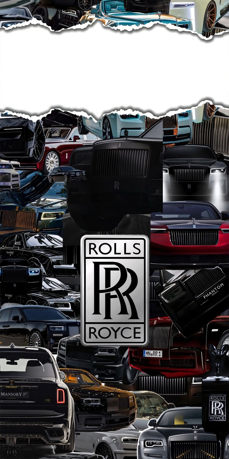 Get this Rolls Royce wallpaper in stunning 4K for your iPhone, featuring multiple vehicles with sleek black finishes. Notice the torn paper effect framing the cars, and the prominent Rolls Royce logo.