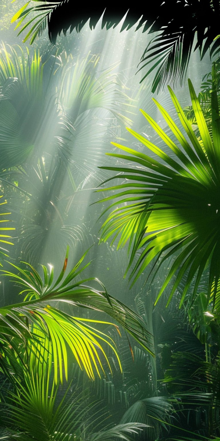 Palm trees in a jungle with sun shining through wallpaper HD