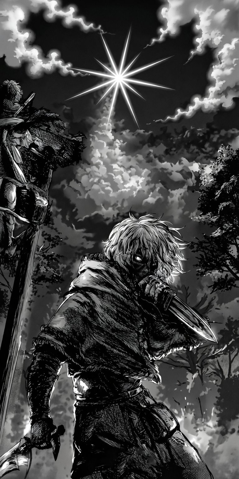 Enhance your iPhone with this striking Thorfinn 4K wallpaper, showcasing intricate black and white details. The dark, forest scene is illuminated by a bright, star-shaped light in the sky, while Thorfinn is rendered in a classic, ink-drawing style wallpaper.