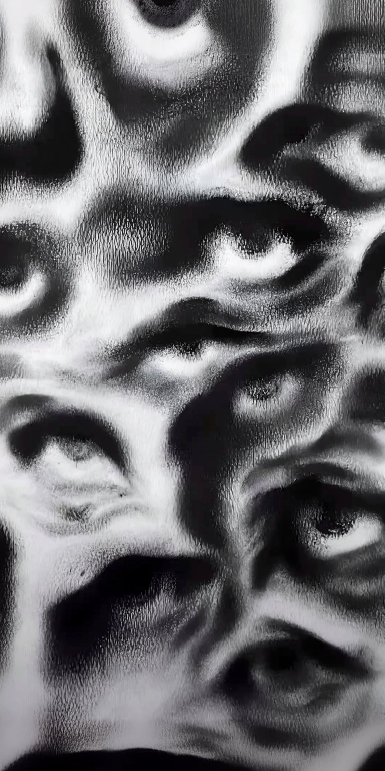 Download this striking abstract face 4K wallpaper for your iPhone, showcasing intense eyes and heavy shading. This unique wallpaper features a blend of black and white hues and a textured surface.