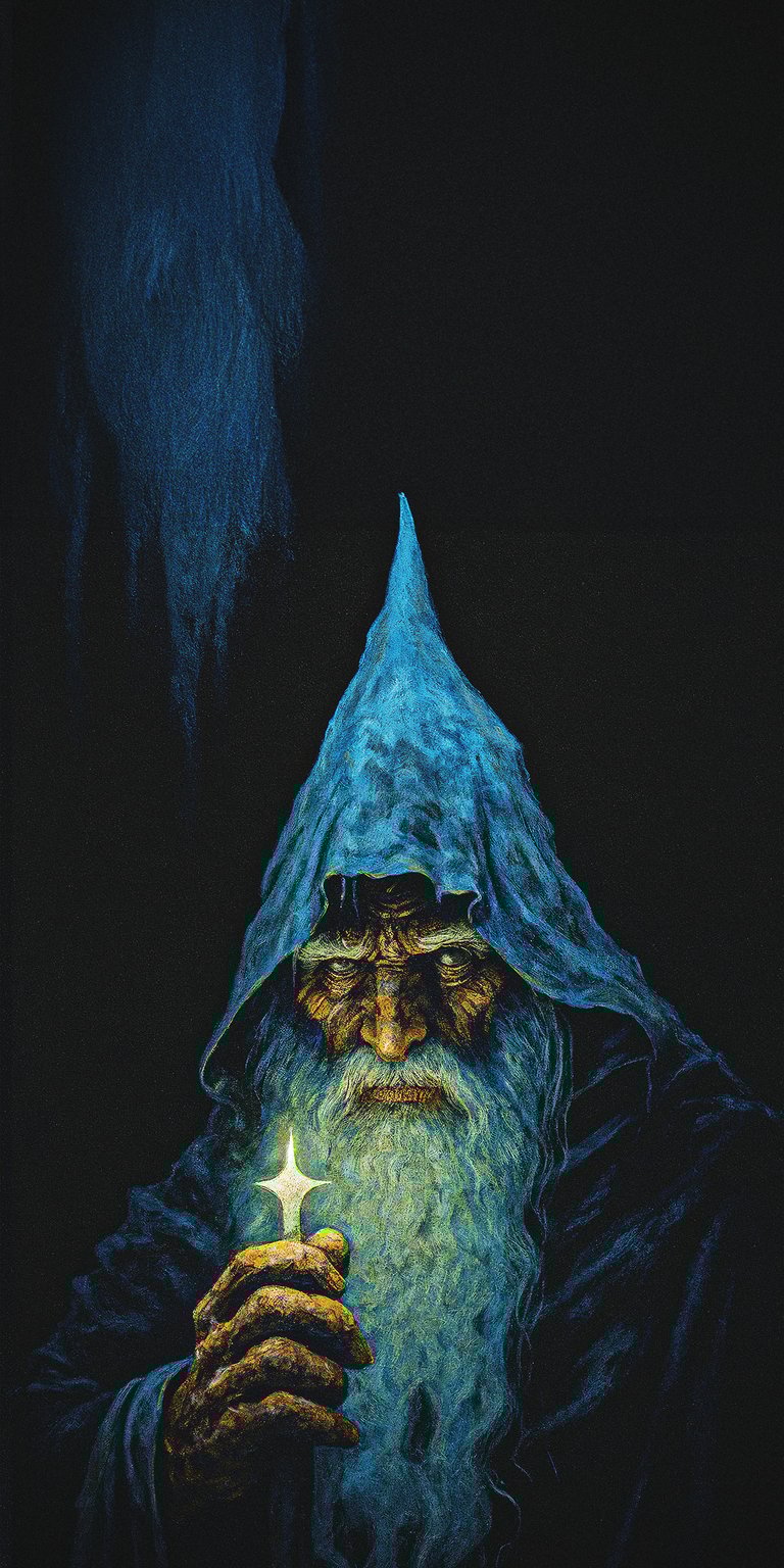 Download this striking Wizard wallpaper in 4K for your iPhone, featuring an old wizard in a hooded blue robe holding a glowing cross. The wallpaper showcases the wizard's long white beard and wispy form in the black backdrop.