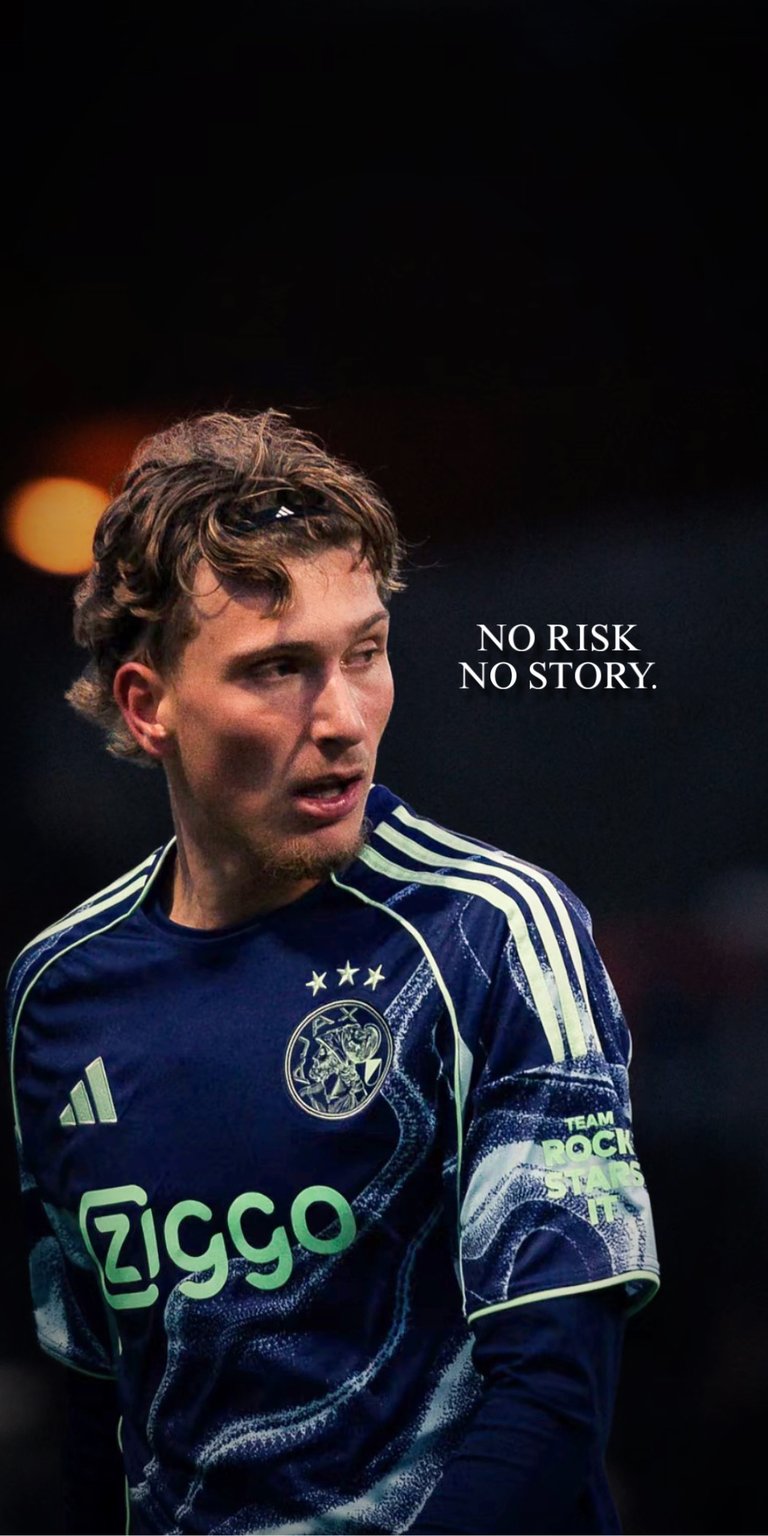 Elevate your iPhone with this stunning Mika Godts 4K OLED wallpaper featuring the Ajax star in a high-contrast athletic pose. This premium wallpaper captures the "No Risk No Story" mantra with deep blacks and sharp neon green accents for a bold look.